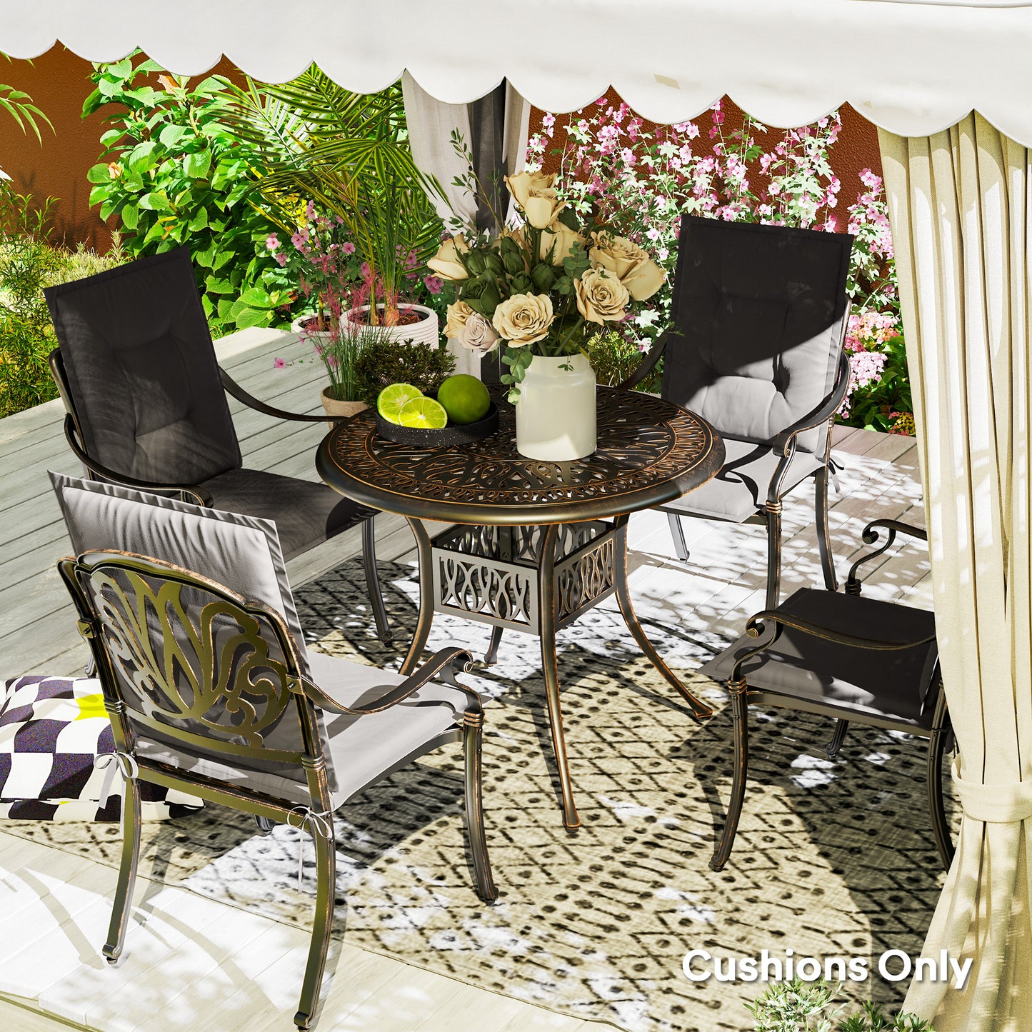 Set of 4 Garden Chair Cushions, Outdoor Seat Pads, Charcoal Grey