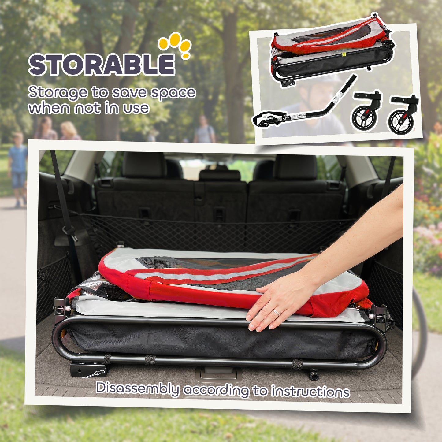 Dog Bike Trailer, 2 in 1 Foldable Pet Stroller Security Harness, Reflectors, Quick Release Wheels, Flag, for Medium Dogs, 134L x 60W x 101H cm, Red