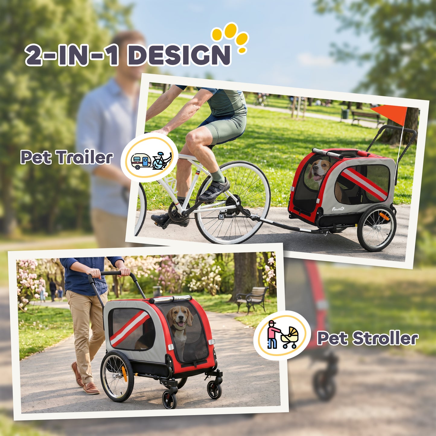 Dog Bike Trailer, 2 in 1 Foldable Pet Stroller Security Harness, Reflectors, Quick Release Wheels, Flag, for Medium Dogs, 134L x 60W x 101H cm, Red
