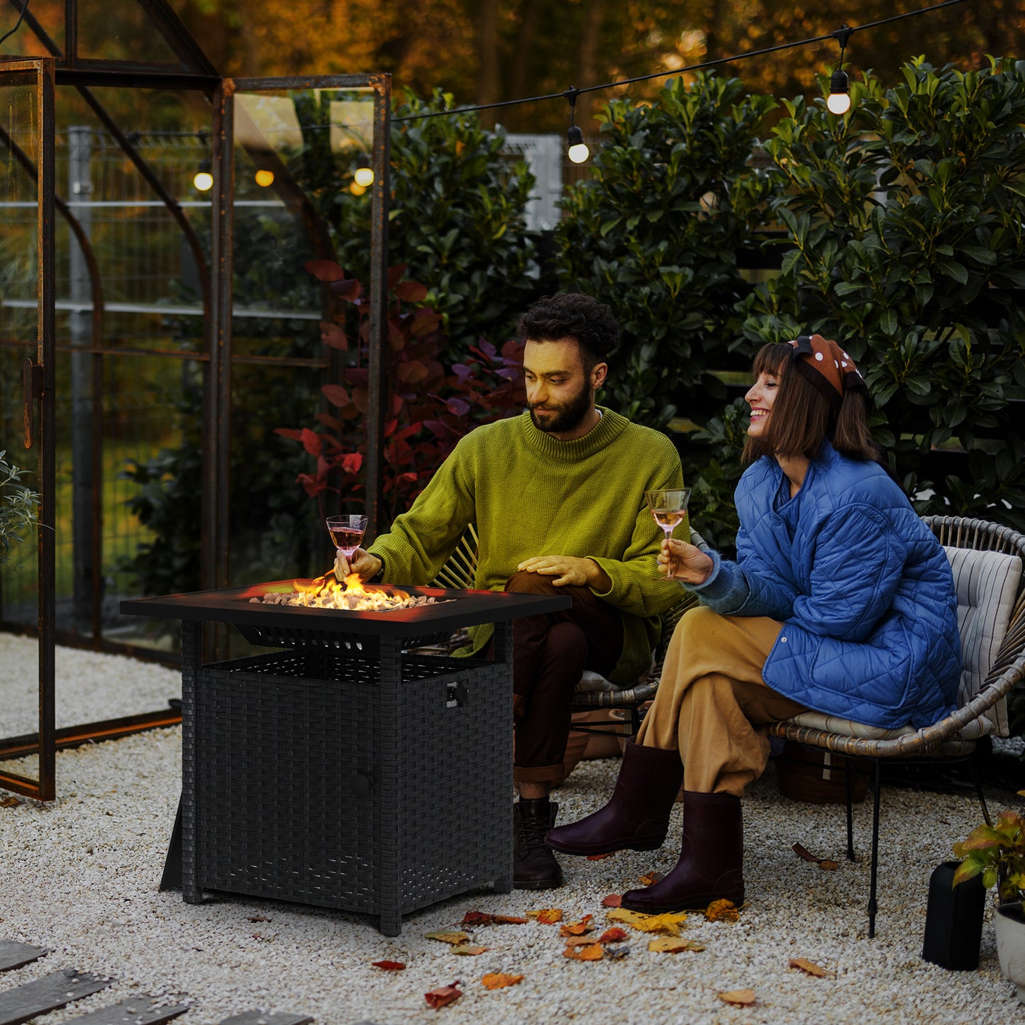 50,000 BTU Rattan Fire Pits for Garden, Fire Pit Table, Black