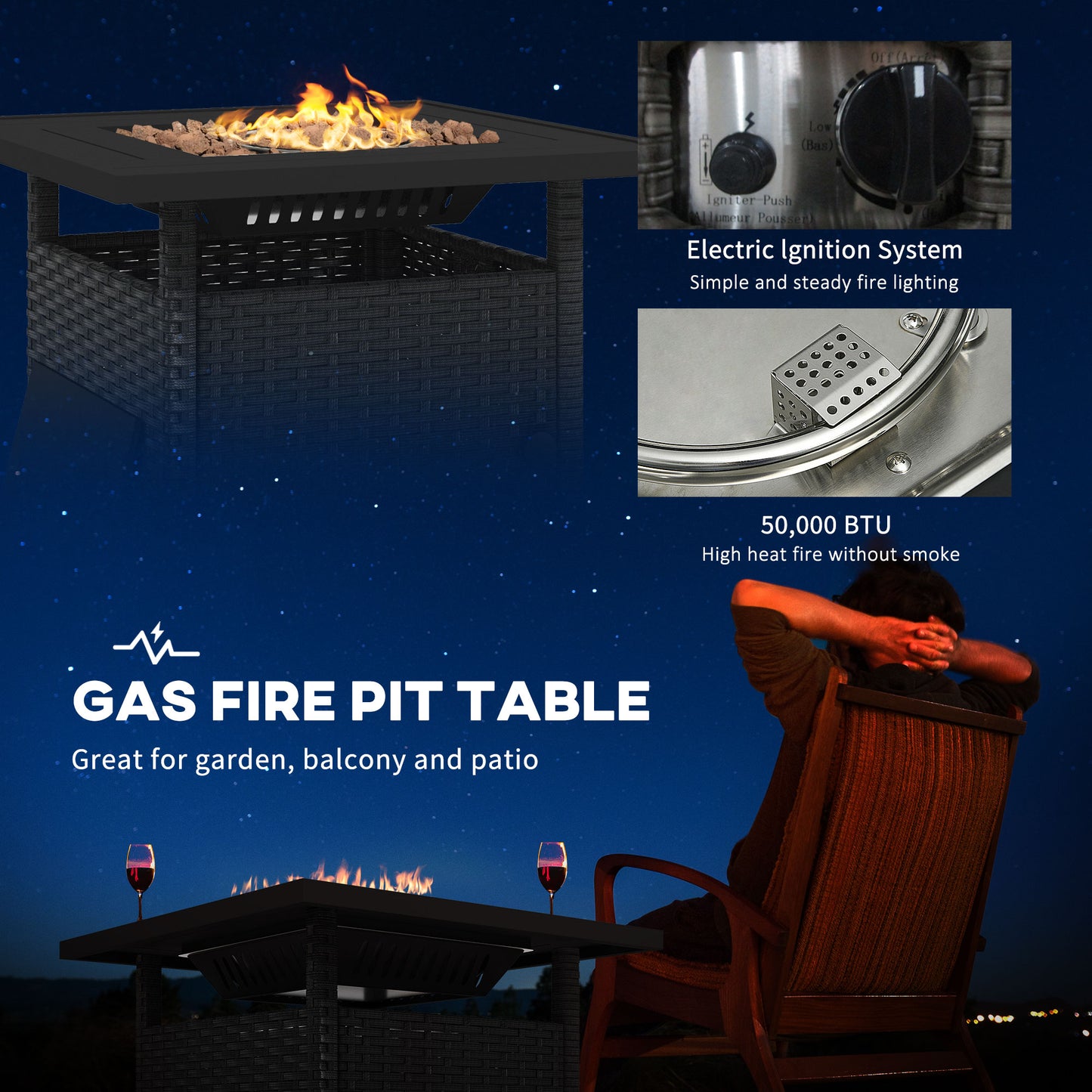 50,000 BTU Rattan Fire Pits for Garden, Fire Pit Table, Black