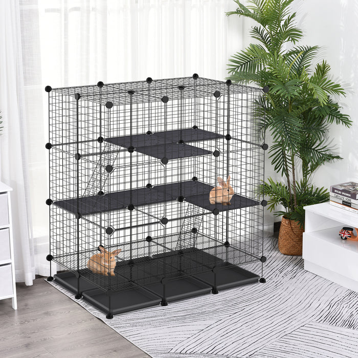 3 Level DIY Pet Playpen Metal Small Animal Cage Guinea Pig Rabbit Ferret Chinchillas Cage 4 Doors Bottom Trays Black