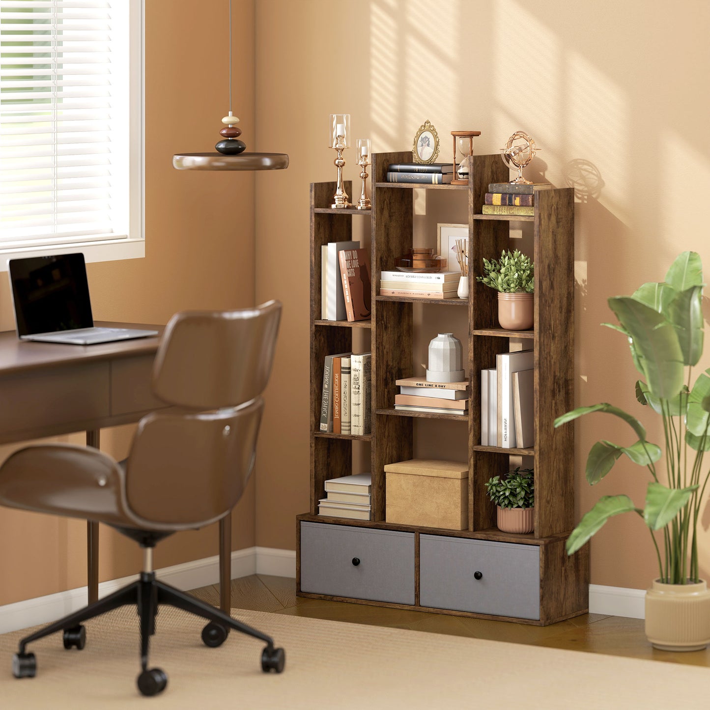 12-Tier Bookshelf, Bookcase w/ 2 Folding Drawer, Rustic Brown