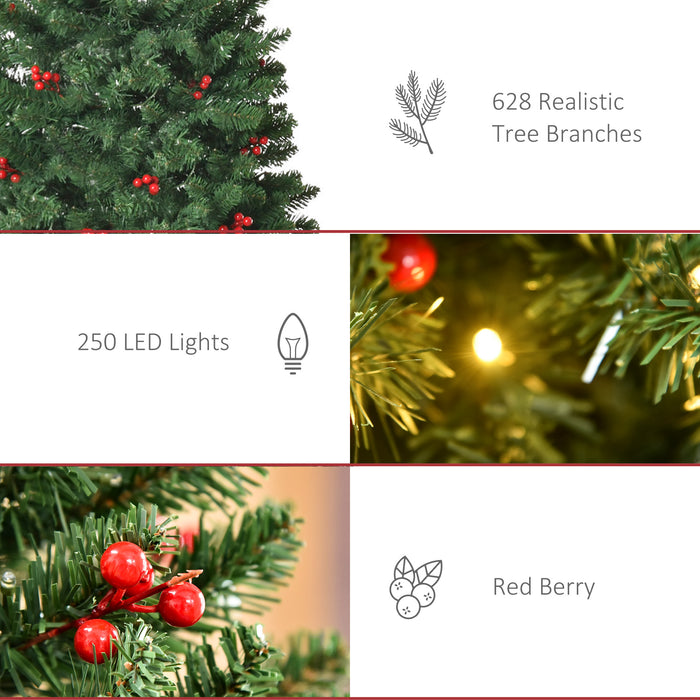 6FT Prelit Artificial Pencil Christmas Tree with Warm White LED Light, Red Berry, Holiday Home Xmas Decoration, Green