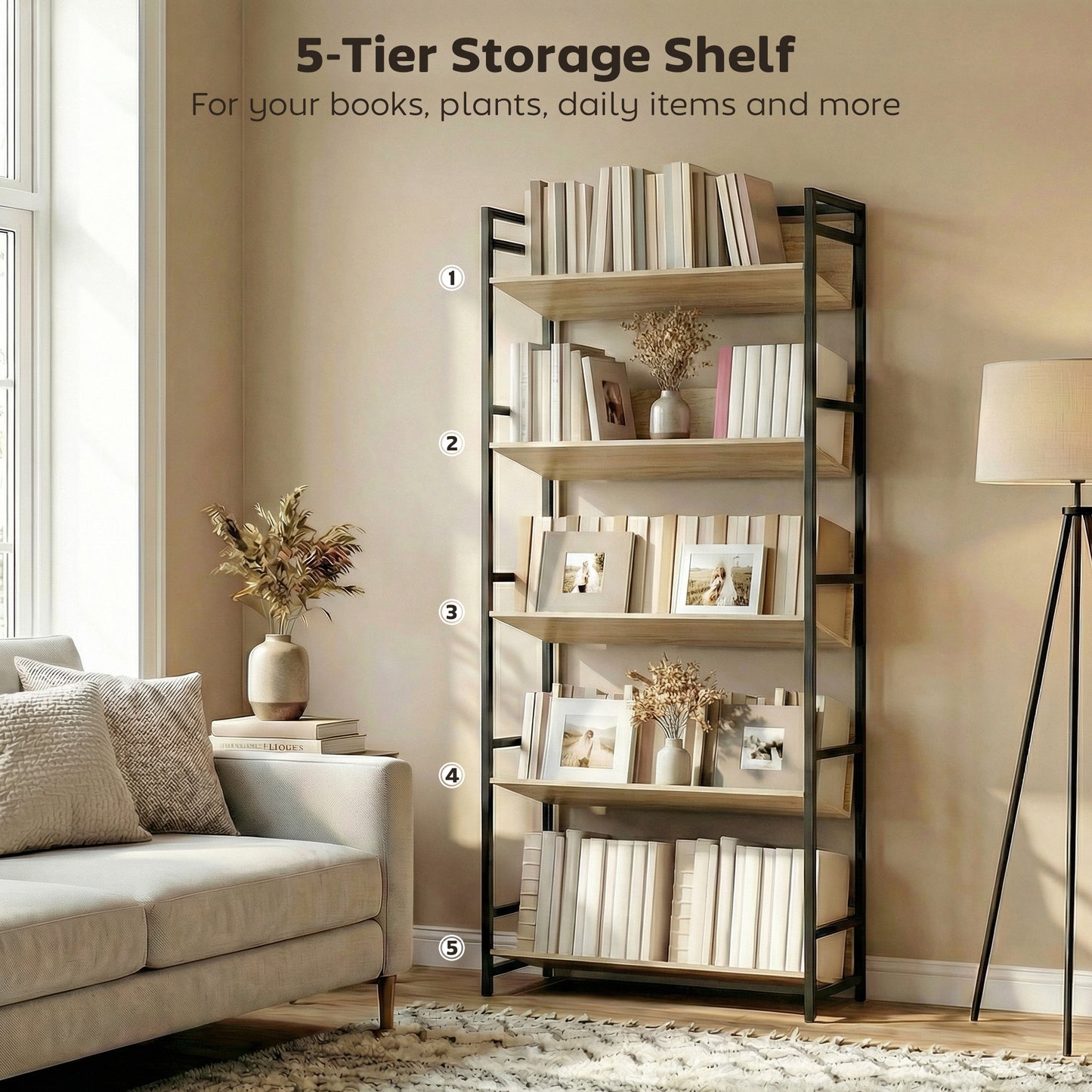 Bookcase Anti-Slip Design 5-Tier Oak