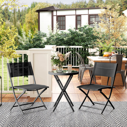 3 Pieces Outdoor Bistro Set, Glass Top Table and Chairs, Black