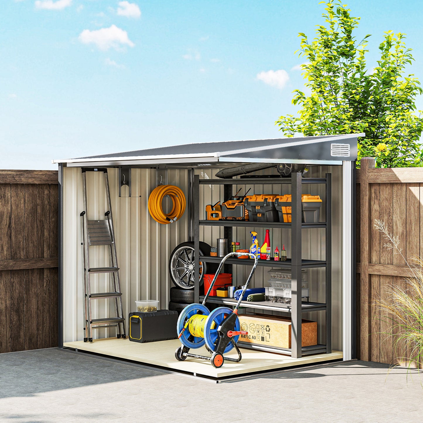 7 x 5FT Galvanised Metal Garden Shed with Foundation, Lean to Shed, Tool Storage House with Sliding Doors, 2 Vents, Adjustable Shelves and Hooks, Dark Grey