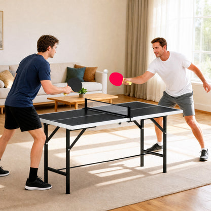 5ft Mid-Size Table Tennis Table, Ping Pong Table with Net, 2 Table Tennis Paddles and 3 Balls, Multi-Use for Indoor Game, Black