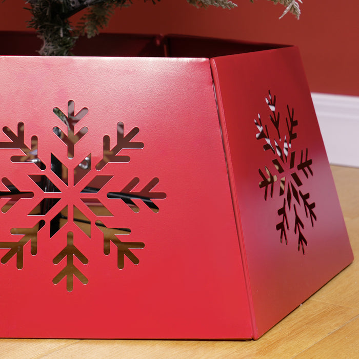 Hexagon Christmas Tree Base Cover with Hollow Snowflake Patterns Red