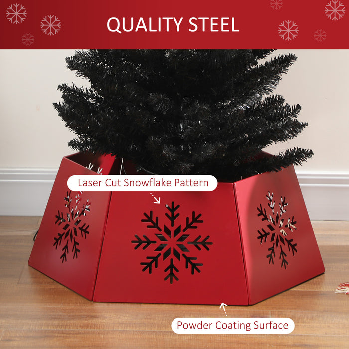 Hexagon Christmas Tree Base Cover with Hollow Snowflake Patterns Red