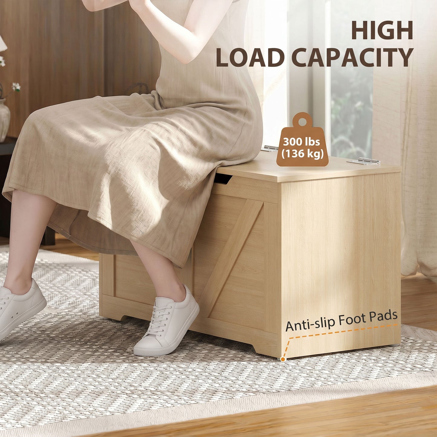 Storage Trunk for Living Room with Safety Hinge, 80cm, Nature Wood