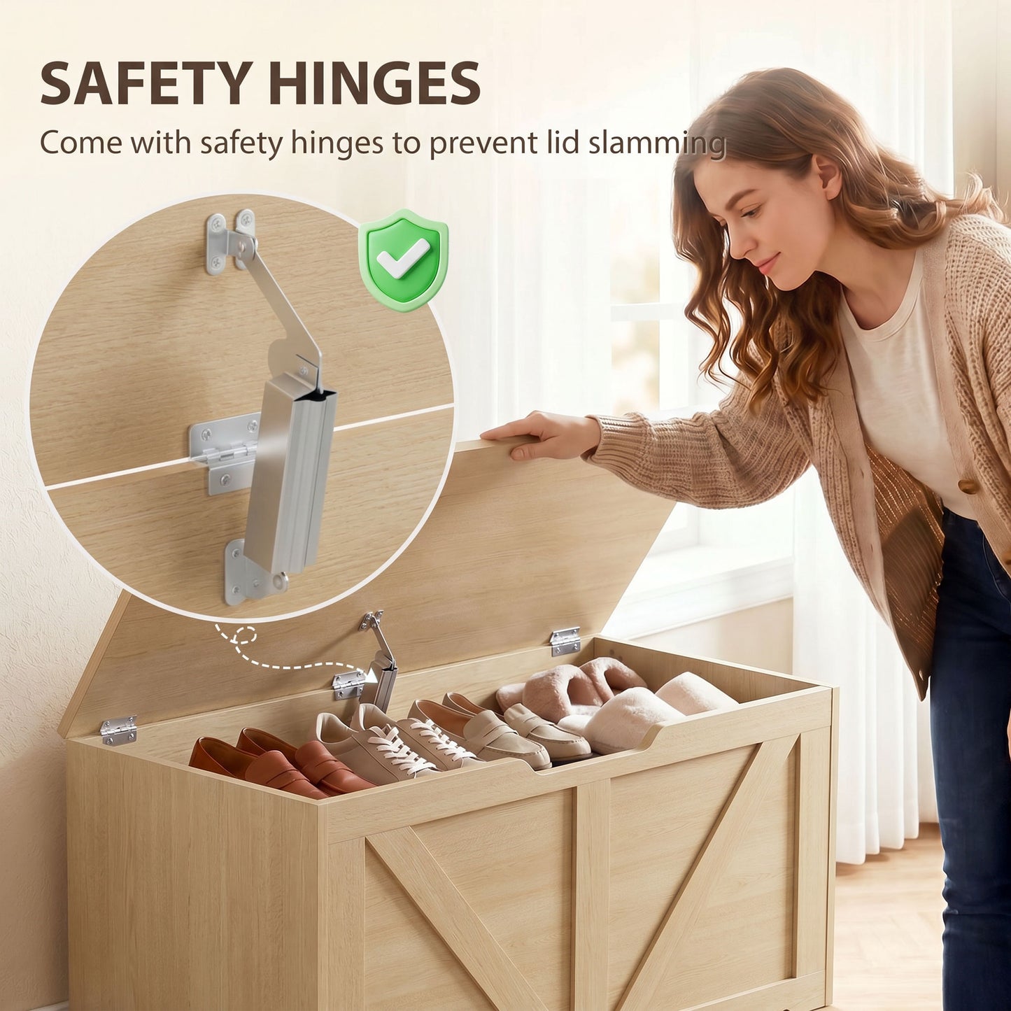 Storage Trunk for Living Room with Safety Hinge, 80cm, Nature Wood