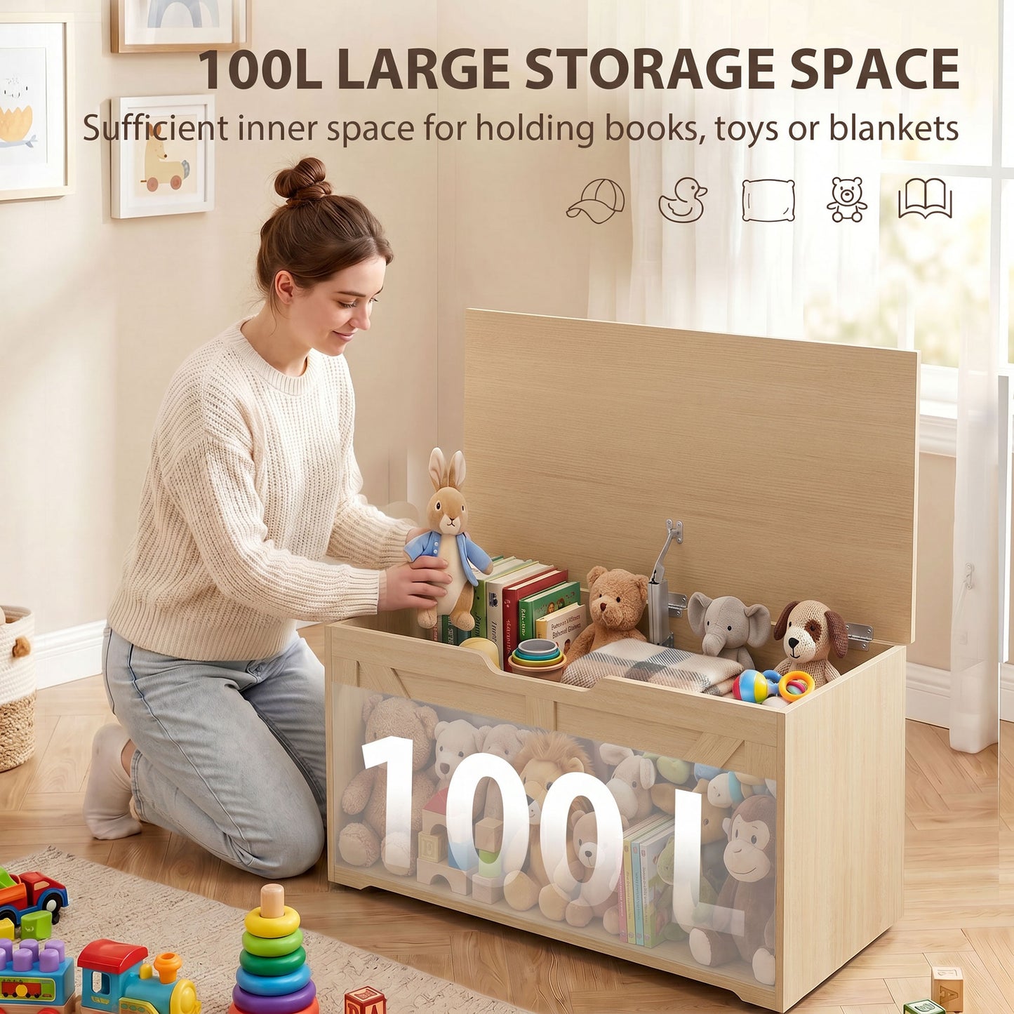 Storage Trunk for Living Room with Safety Hinge, 80cm, Nature Wood