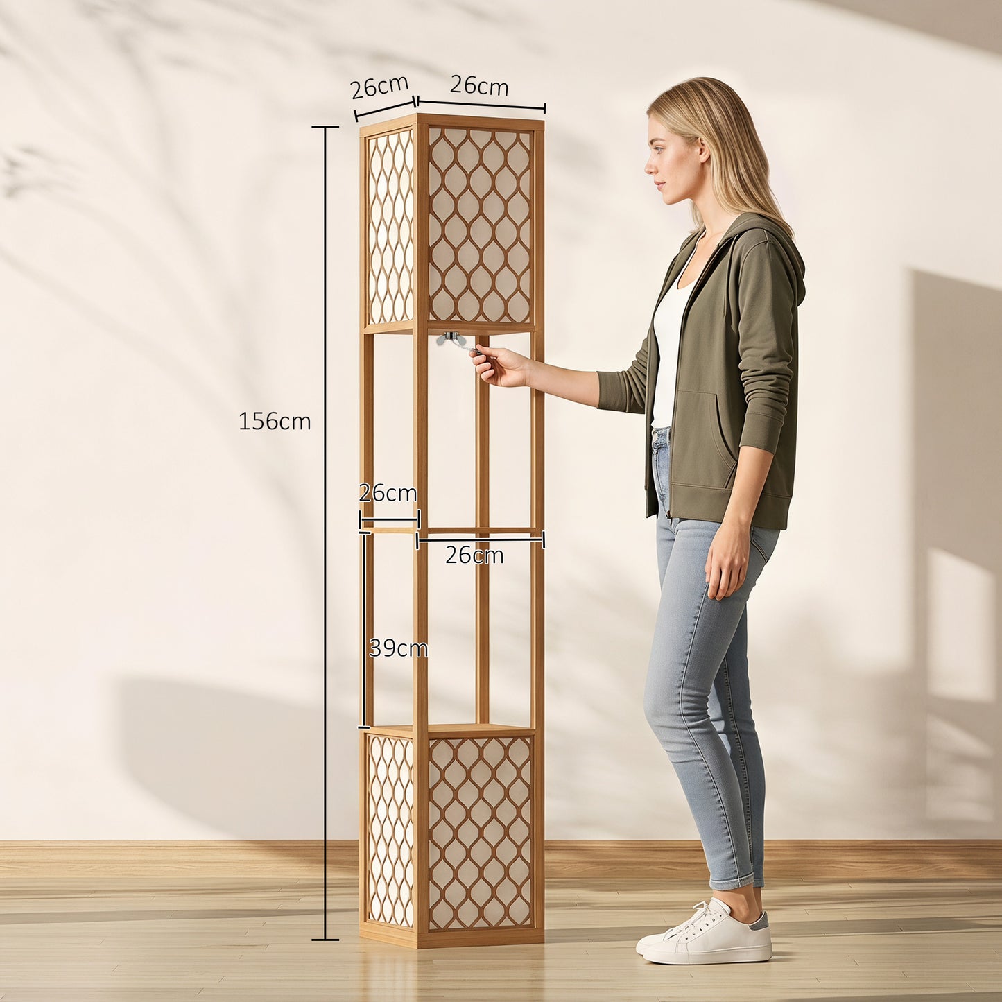 2-Light Modern Floor Lamp w/ Shelves, Bedroom, Natural Wood Finish
