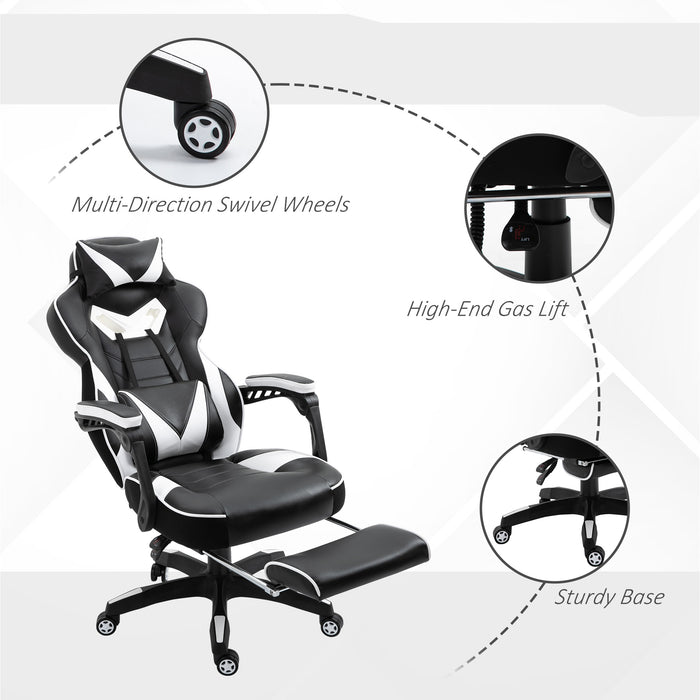 Ergonomic Racing Gaming Chair Office Desk Chair Adjustable Height Recliner with Wheels, Headrest, Lumbar Support, Retractable Footrest White