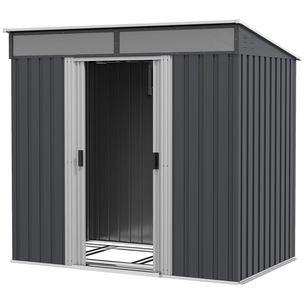 6.5 x 4FT Galvanised Metal Shed with Foundation, Lockable Tool Garden Shed with Double Sliding Doors and 2 Vents, Grey