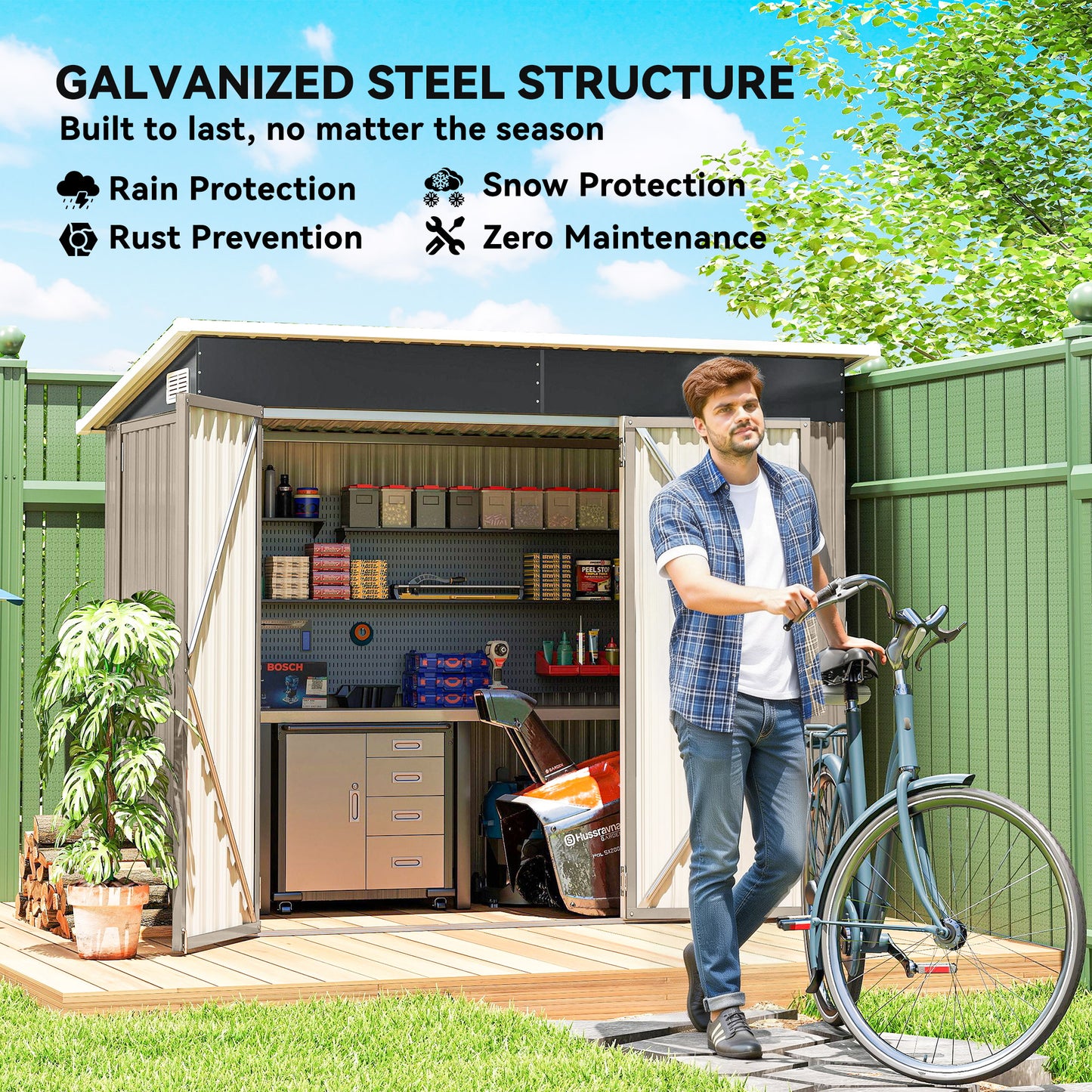 Outdoor Storage Shed, 7.5 x 4.3ft Metal Garden Shed, Light Grey