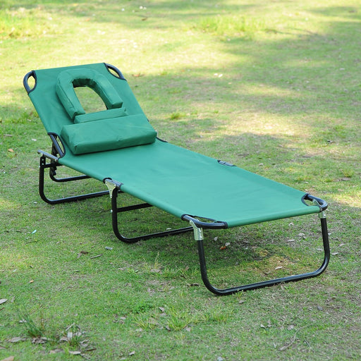 Foldable Outdoor Sun Lounger Adjustable Backrest Reclining Chair with Pillow and Reading Hole Garden Beach, Green