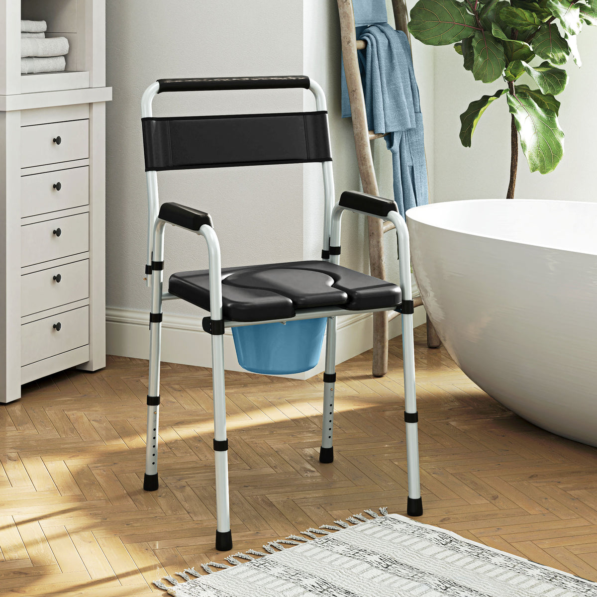 Commode Chair for Elderly w/ Arms and Back, Removable Bucket, Black