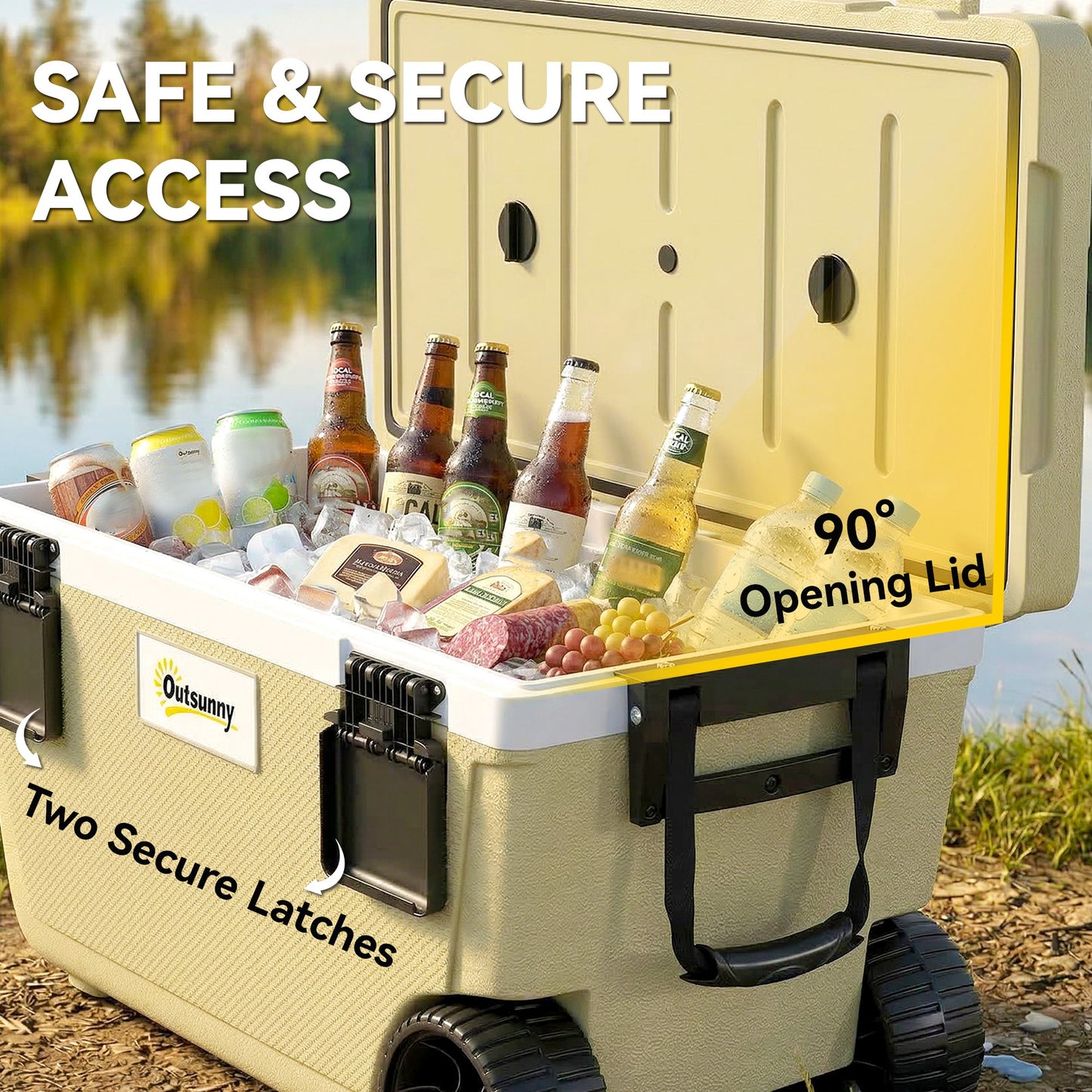 70L Insulated Cool Box with Wheels, Portable Ice Cooler, Khaki