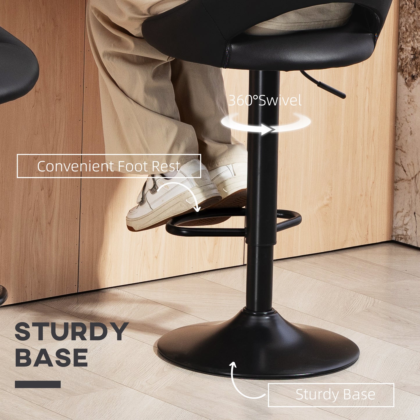 Barstools Set of 2, Dining Stools with Backrest and Footrest, Black