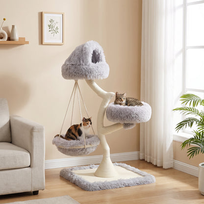 115cm Branch-Style Cat Tree with 2 Washable Beds and Hammock - Light Grey