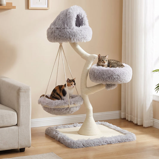 115cm Branch-Style Cat Tree with 2 Washable Beds and Hammock - Light Grey