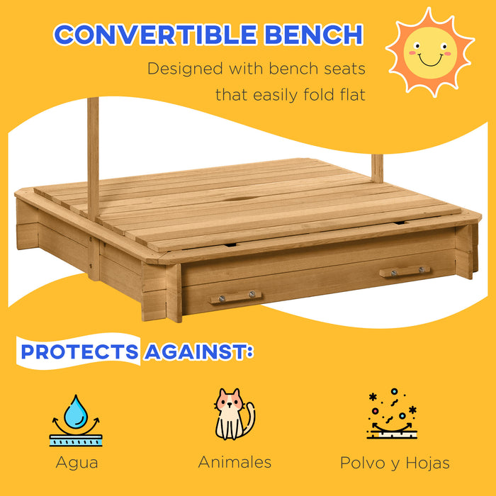 Wooden Sandpit with Adjustable Canopy Brown