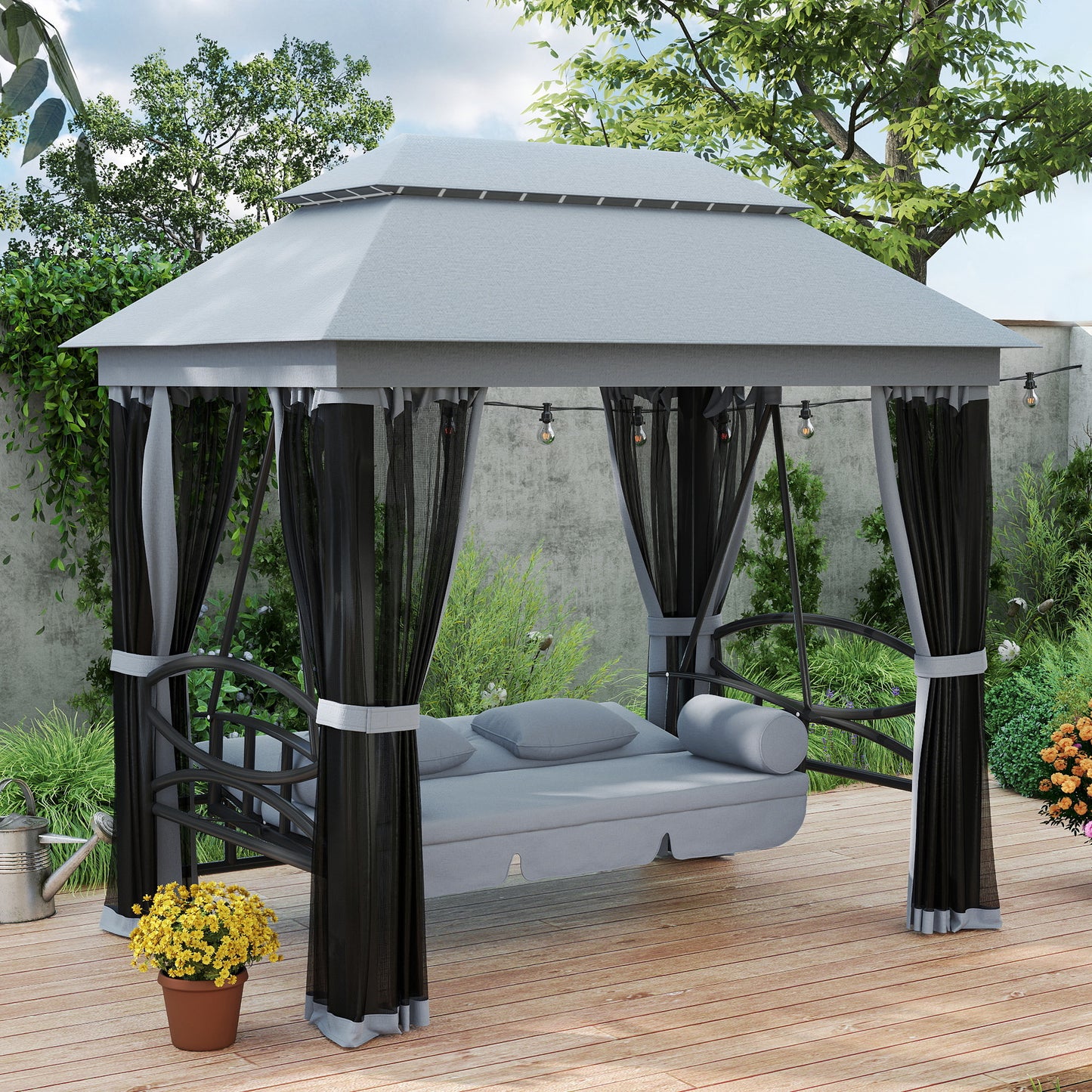 3 Person Canopy Gazebo Swing Outdoor Patio Lounge w/ Mesh Walls, Grey