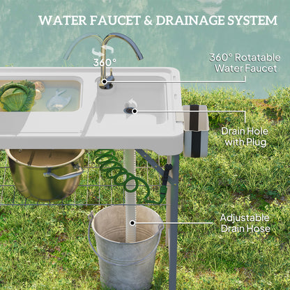 Folding Fish Cleaning Table Camping Sink Table with Faucet, White