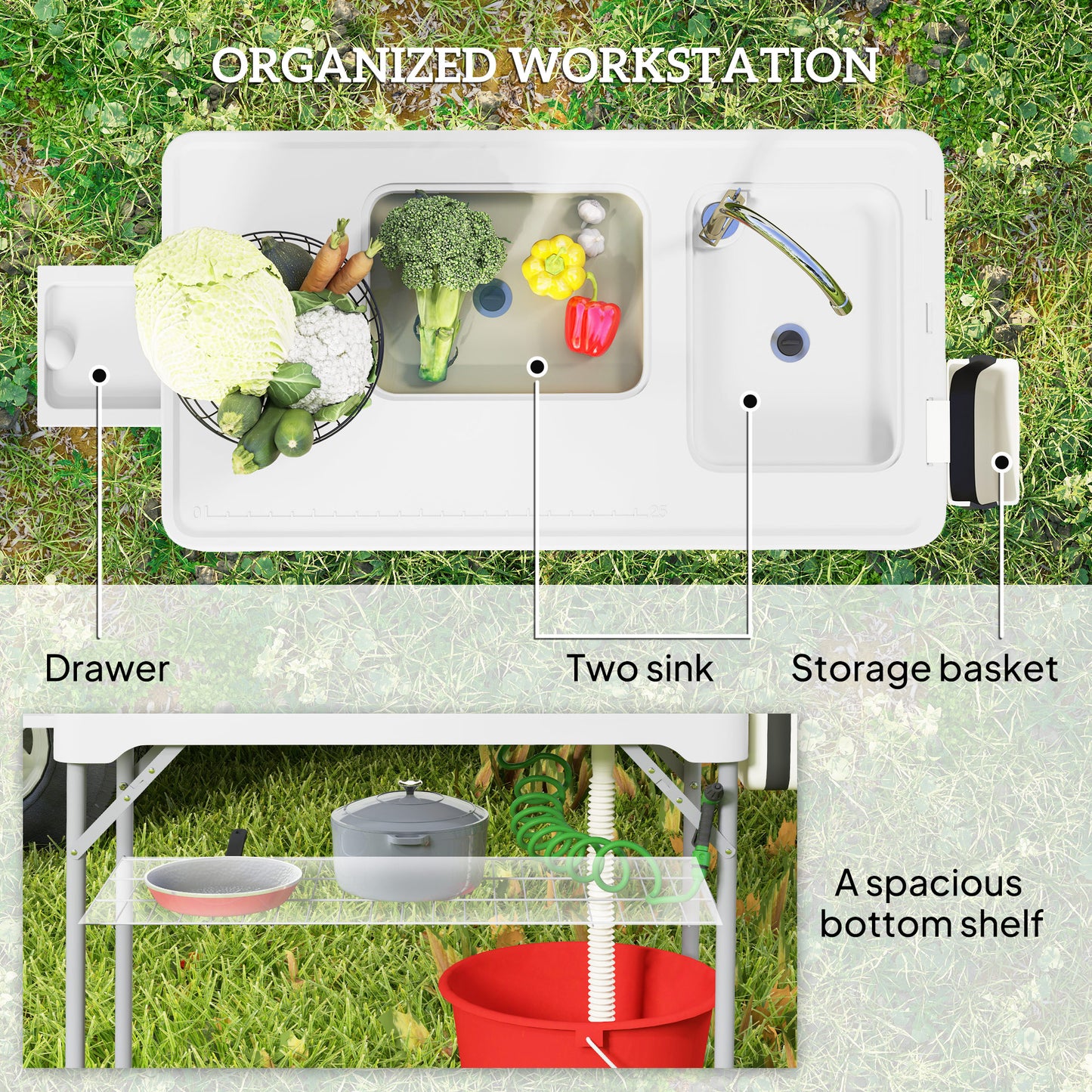 Folding Fish Cleaning Table Camping Sink Table with Faucet, White