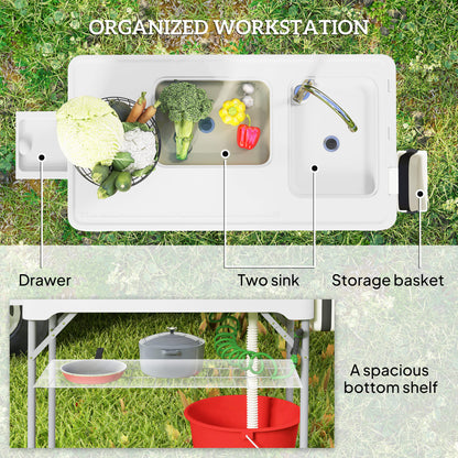 Folding Fish Cleaning Table Camping Sink Table with Faucet, White