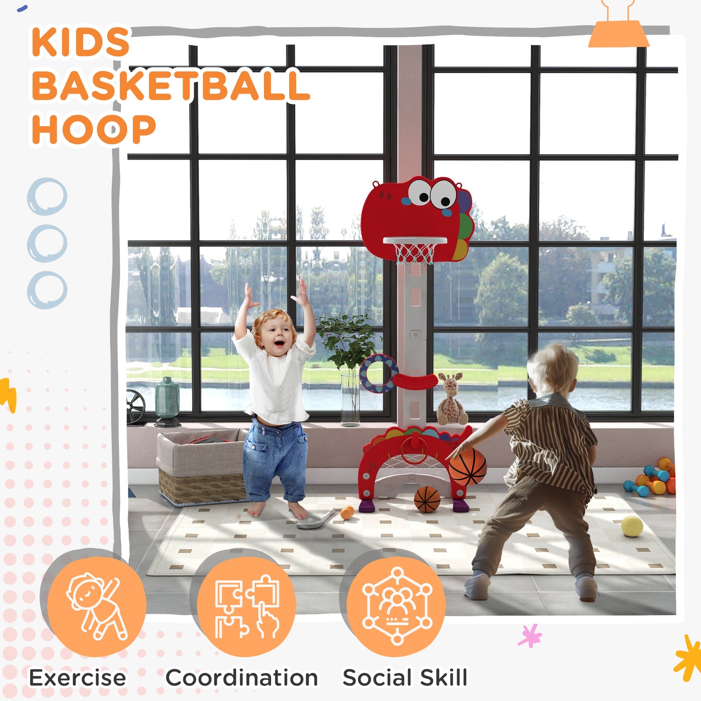 5-in-1 Basketball Set with Adjustable 96-130 cm Height, Red