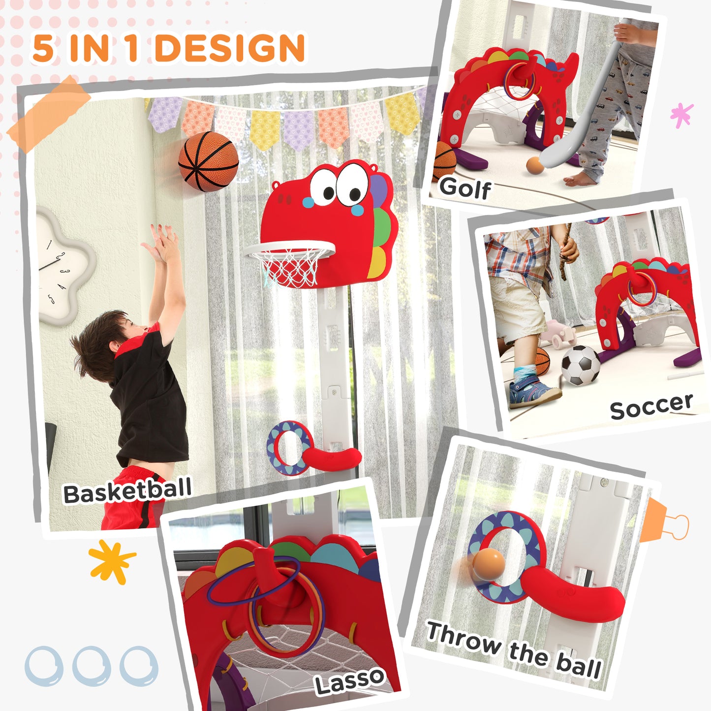 5-in-1 Basketball Set with Adjustable 96-130 cm Height, Red