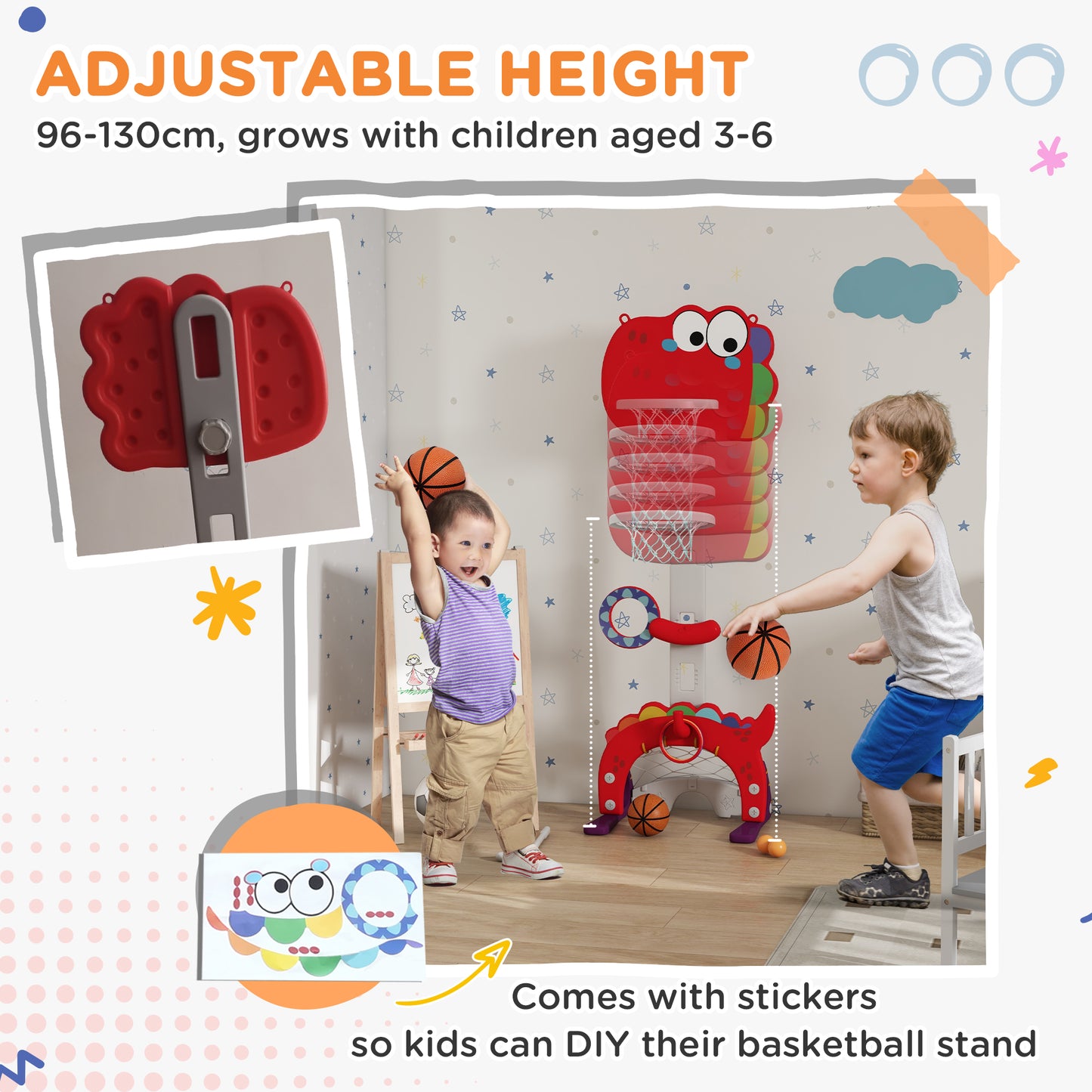 5-in-1 Basketball Set with Adjustable 96-130 cm Height, Red