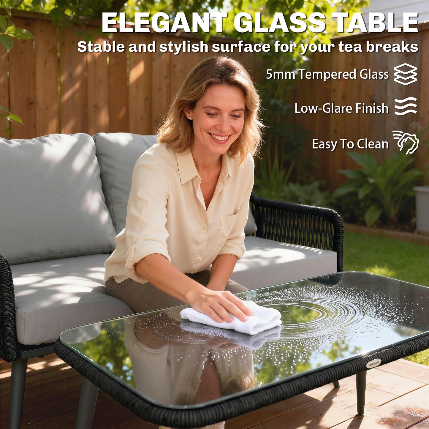 Rattan Garden Furniture Set, Tempered Glass with 3 Chairs