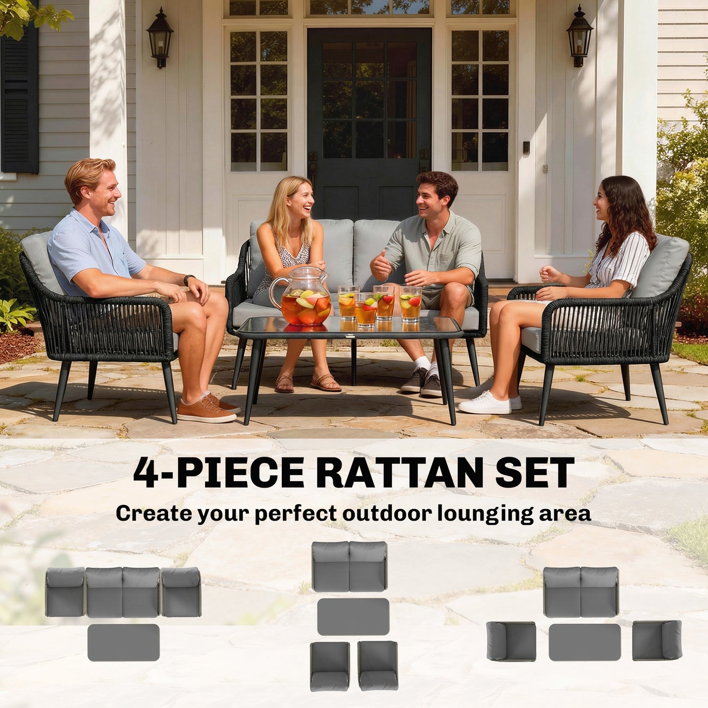 Rattan Garden Furniture Set, Tempered Glass with 3 Chairs