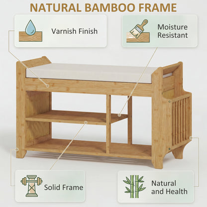 Shoe Bench with Cushioned Seat, Shoe Storage Bench with Side Holder and Boot Section, 2-Tier Natural Bamboo Entryway Rack for Hallway, Living Room, 80 x 30 x 50 cm, Natural and Cream