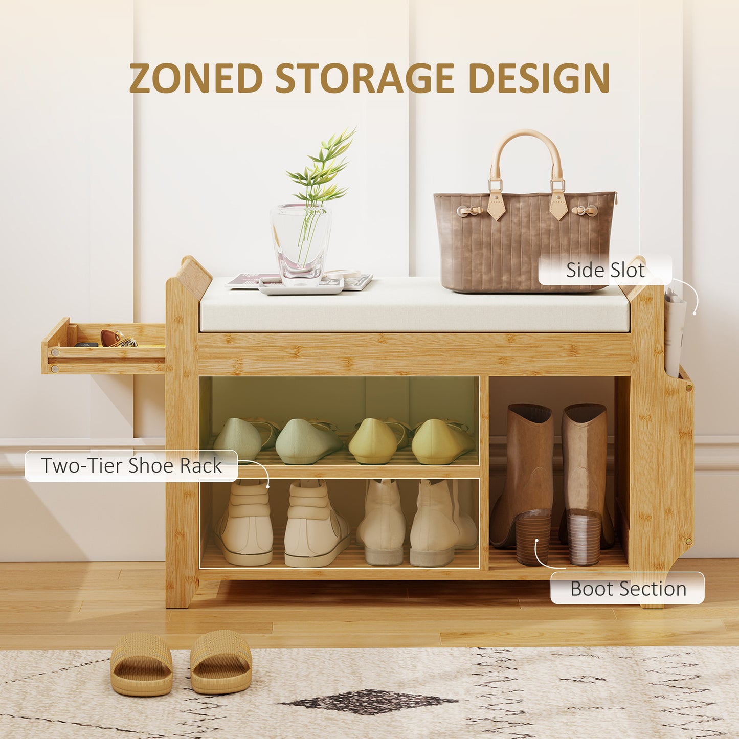 Shoe Bench with Cushioned Seat, Shoe Storage Bench with Side Holder and Boot Section, 2-Tier Natural Bamboo Entryway Rack for Hallway, Living Room, 80 x 30 x 50 cm, Natural and Cream
