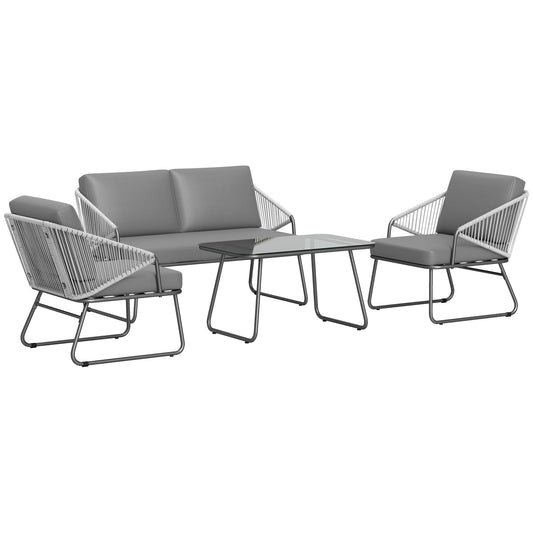 4 Piece Rattan Garden Furniture Set with Cushions, Grey