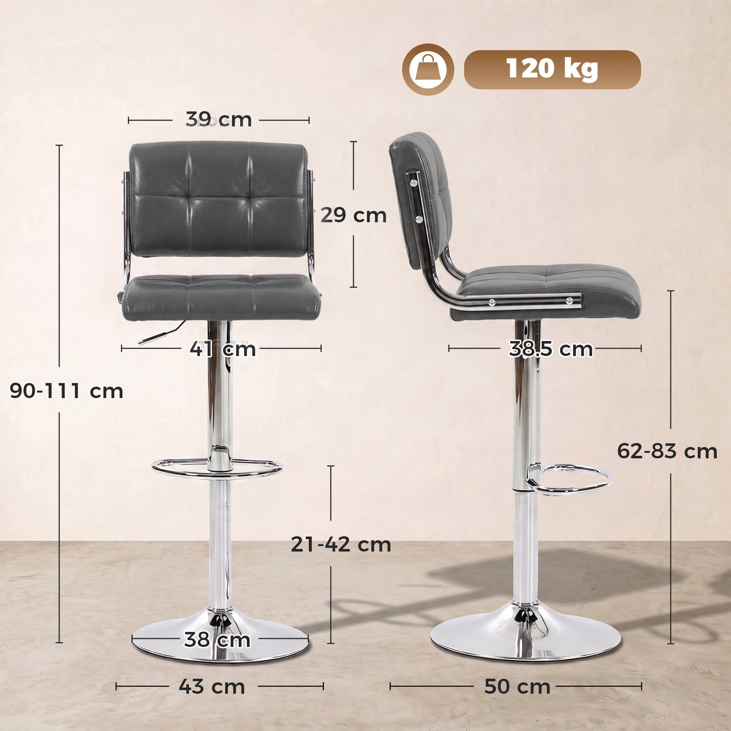 Adjustable Bar Stools Set of 2 with Backrest Grey