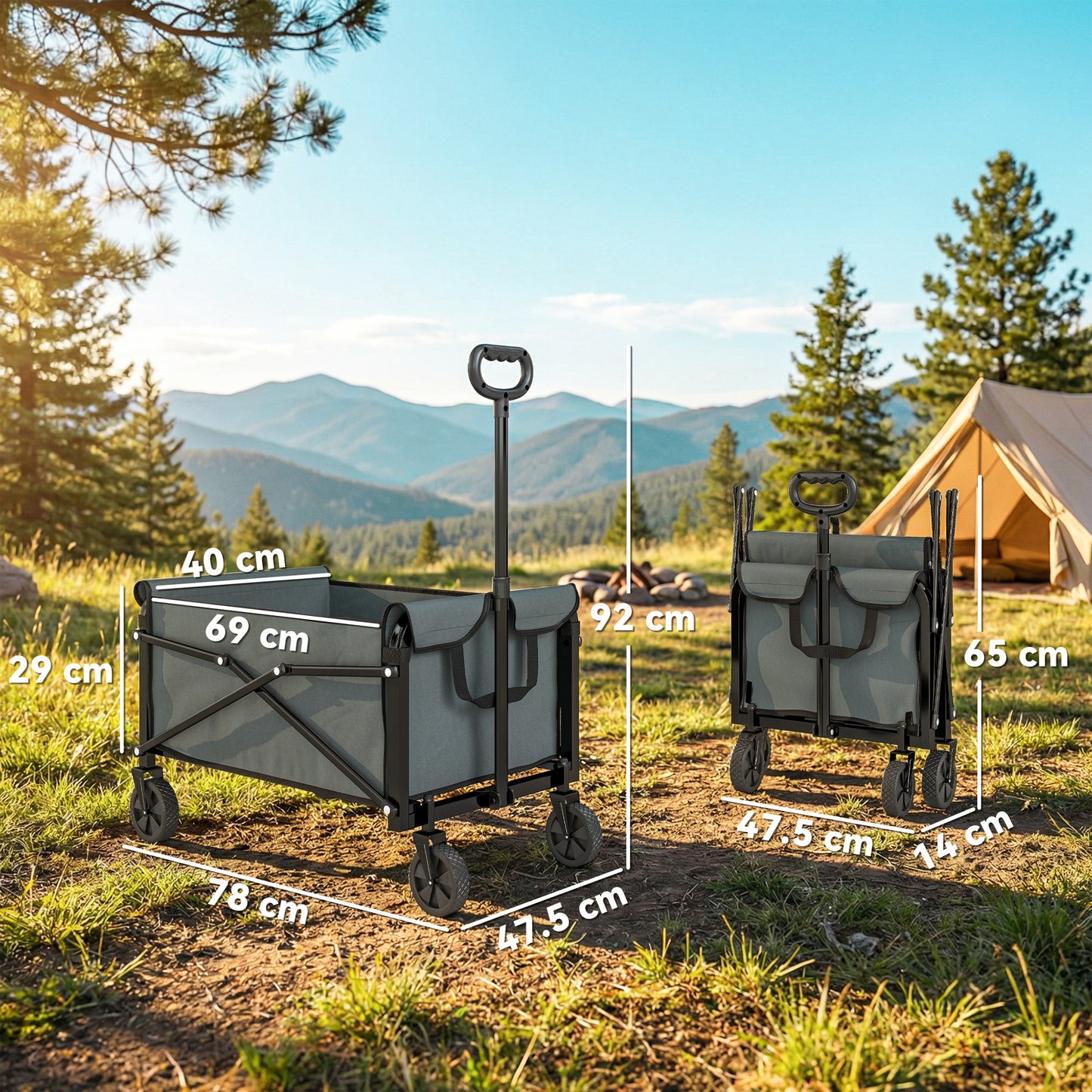 81L Festival Trolley on Wheels, Garden Folding Trolley Cart, Grey