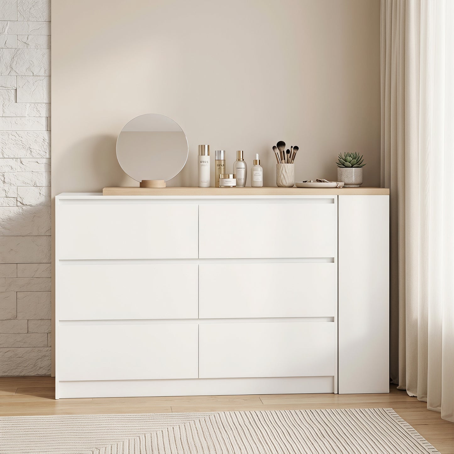 Vanity Table, Dressing Table with 6 Drawers and 3-Tier Shelf for Women and Girls, White