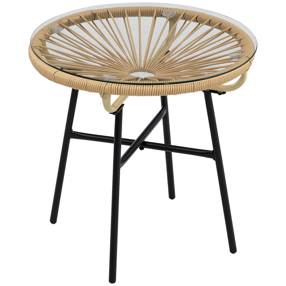 Rattan Side Table, Round Outdoor Coffee Table, with Round PE Rattan and Tempered Glass Table Top for Patio, Garden, Balcony, Black