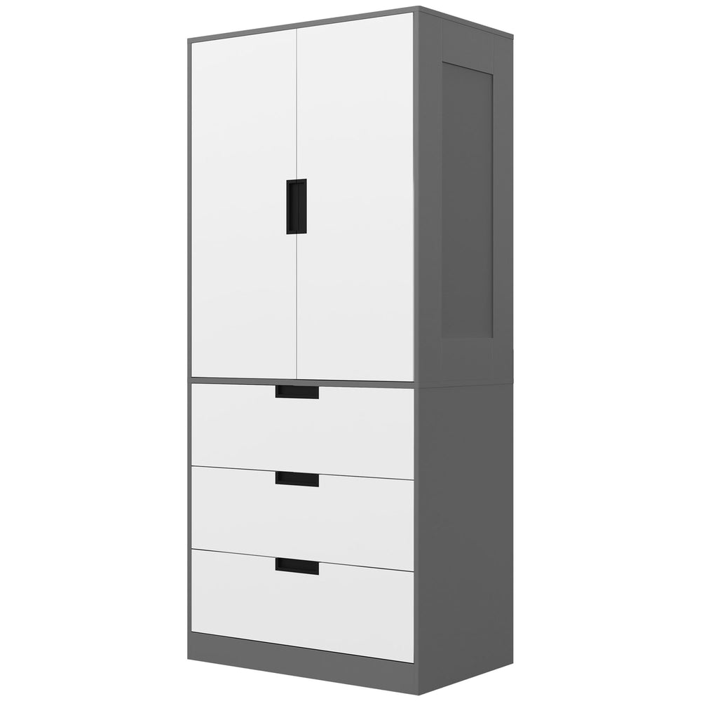 2 Door Wardrobe, Modern Wardrobe with 3 Drawers and Hanging Rod for Bedroom, Grey