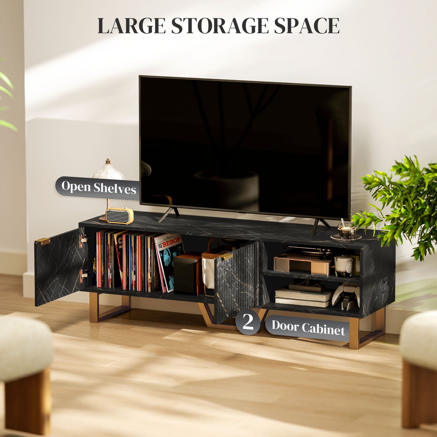TV Unit, TV Stand Cabinet with Shelves and Storage Cupboard, Black