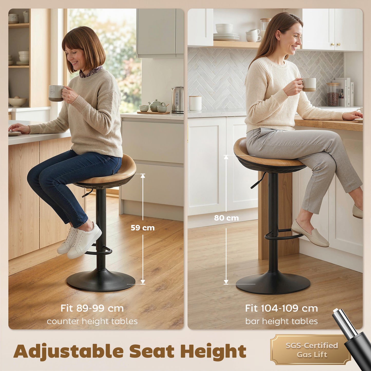 Set of 2 Breakfast Barstools, PU Leather Swivel Bar Stools, Oak
