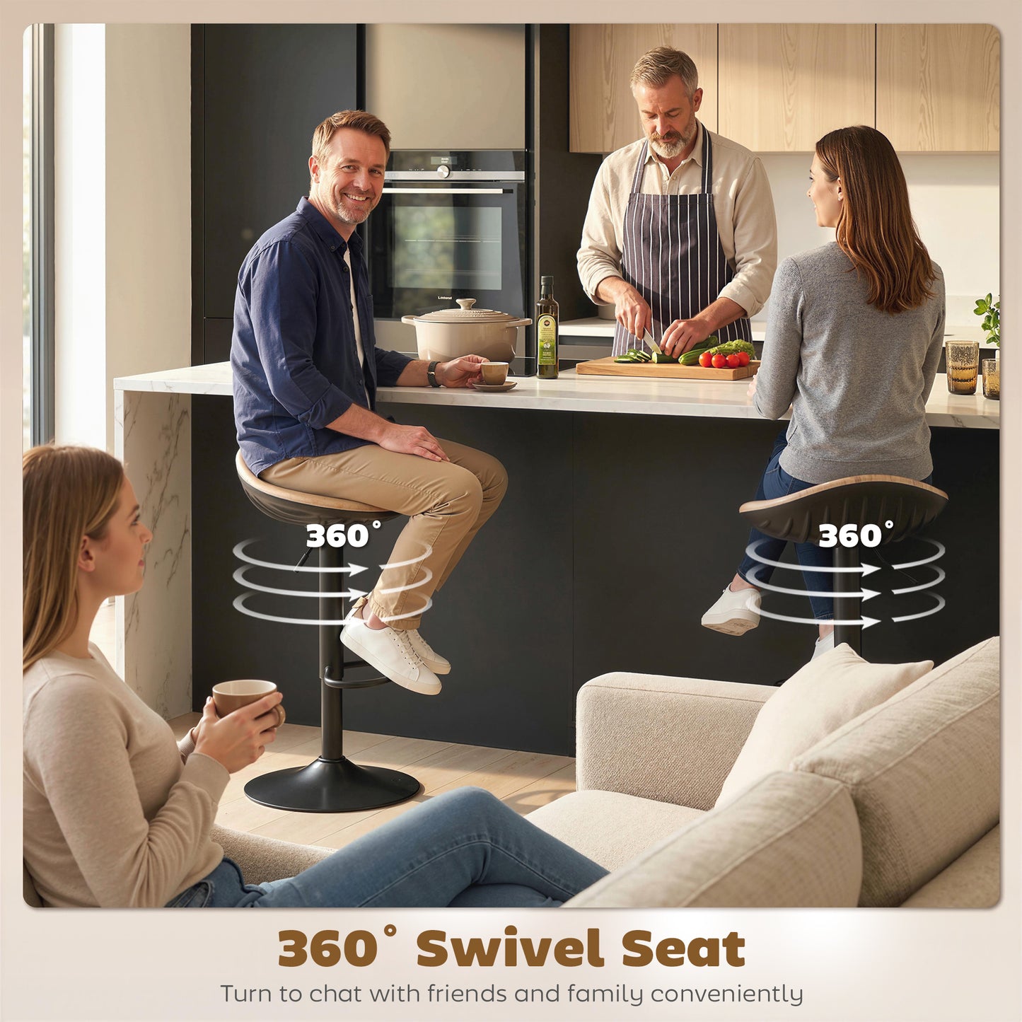 Set of 2 Breakfast Barstools, PU Leather Swivel Bar Stools, Oak