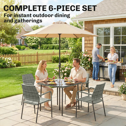 4 Seater Rattan Dining Set with Parasol, Light Grey