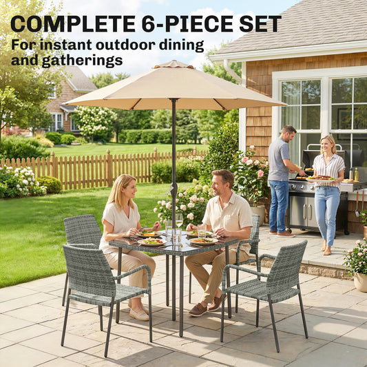 4 Seater Rattan Dining Set with Parasol, Light Grey